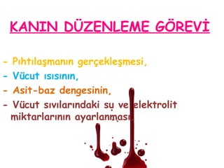 KANIN DÜZENLEME GÖREVİ
- Pıhtılaşmanın gerçekleşmesi,
- Vücut ısısının,
- Asit-baz dengesinin,
- Vücut sıvılarındaki su ve elektrolit
miktarlarının ayarlanması.
 