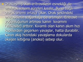 Oraklaşmış olan eritrositlerin esnekliği de azalarak yaşam süreleri kısalır. Buna bağlı olarak anemi ortaya çıkar. Orak şeklindeki eritrositlerin yoğunluğu da artmıştır. Eritrosit yoğunluğunun artması kanın  kıvamını (vizkosite) arttırır. Kıvamlı olan kanın akım hızı kapillerden geçerken yavaşlar, hatta durabilir. Kanın akış hızındaki yavaşlama dokularda oksijen kıtlığına (anoksi) sebep olur.  