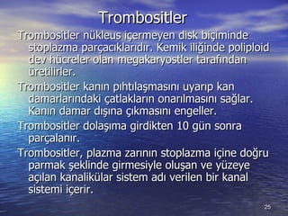 Trombositler Trombositler nükleus içermeyen disk biçiminde stoplazma parçacıklarıdır. Kemik iliğinde poliploid dev hücreler olan megakaryostler tarafından üretilirler. Trombositler kanın pıhtılaşmasını uyarıp kan damarlarındaki çatlakların onarılmasını sağlar. Kanın damar dışına çıkmasını engeller.  Trombositler dolaşıma girdikten 10 gün sonra parçalanır.  Trombositler, plazma zarının stoplazma içine doğru parmak şeklinde girmesiyle oluşan ve yüzeye açılan kanalikülar sistem adı verilen bir kanal sistemi içerir.  
