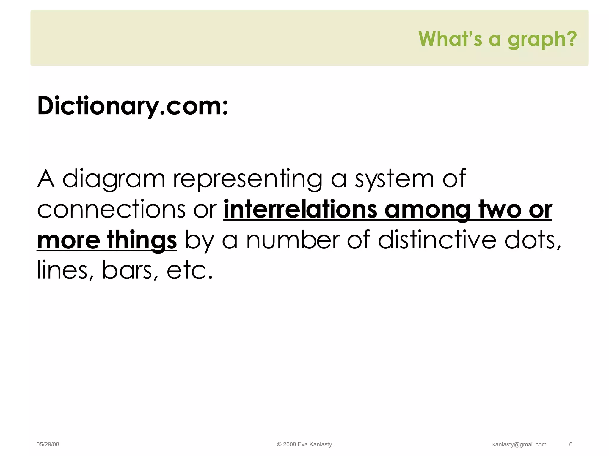 What’s a graph? Dictionary.com:  A diagram representing a system of connections or  interrelations among two or more things  by a number of distinctive dots, lines, bars, etc.   