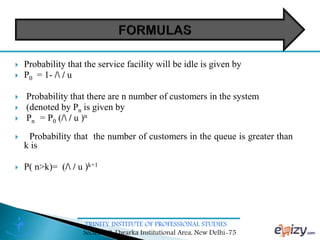 TRINITY INSTITUTE OF PROFESSIONAL STUDIES
Sector – 9, Dwarka Institutional Area, New Delhi-75
 Probability that the service facility will be idle is given by
 P0 = 1- / / u
 Probability that there are n number of customers in the system
 (denoted by Pn is given by
 Pn = P0 (/ / u )n
 Probability that the number of customers in the queue is greater than
k is
 P( n>k)= (/ / u )k+1
 