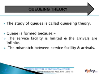 TRINITY INSTITUTE OF PROFESSIONAL STUDIES
Sector – 9, Dwarka Institutional Area, New Delhi-75
 The study of queues is called queueing theory.
 Queue is formed because:-
 The service facility is limited & the arrivals are
infinite.
 The mismatch between service facility & arrivals.
 