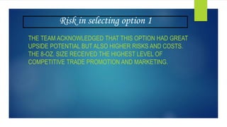 Risk in selecting option 1
THE TEAM ACKNOWLEDGED THAT THIS OPTION HAD GREAT
UPSIDE POTENTIAL BUT ALSO HIGHER RISKS AND COSTS.
THE 8-OZ. SIZE RECEIVED THE HIGHEST LEVEL OF
COMPETITIVE TRADE PROMOTION AND MARKETING.
 