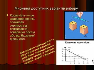 Множина доступних варіантів вибору
   Корисність — це
    задоволення, яке
    споживач
    отримує від
    споживання
    товарів чи послуг
    або від будь-якої
    діяльності.                            в
                                     о сті
                                рисн ю         Гранична корисність
                            ї ко ино го
                      ни чно люд вно
                                   е
                 я гра ання ць п вати
              інн ожив дини нази ості
          Пад у сп их о нято исн
           мір атков прий ої кор
            дод дукту падн
                       с
             про ном
                 о
              зак
 