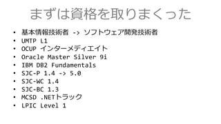 まずは資格を取りまくった
&bull; 基本情報技術者 -> ソフトウェア開発技術者
&bull; UMTP L1
&bull; OCUP インターメディエイト
&bull; Oracle Master Silver 9i
&bull; IBM DB2 Fundamentals
&bull; SJC-P 1.4 -> 5.0
&bull; SJC-WC 1.4
&bull; SJC-BC 1.3
&bull; MCSD .NETトラック
&bull; LPIC Level 1
 