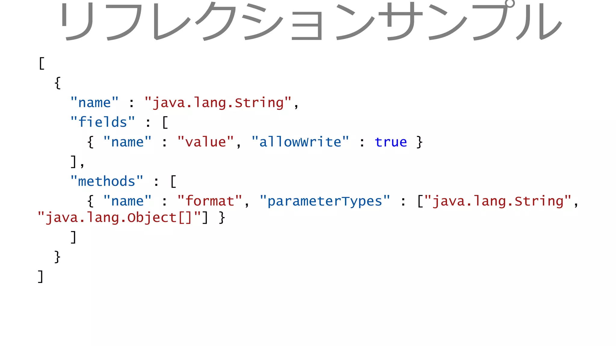 リフレクションサンプル
[
{
"name" : "java.lang.String",
"fields" : [
{ "name" : "value", "allowWrite" : true }
],
"methods" : [
{ "name" : "format", "parameterTypes" : ["java.lang.String",
"java.lang.Object[]"] }
]
}
]
 