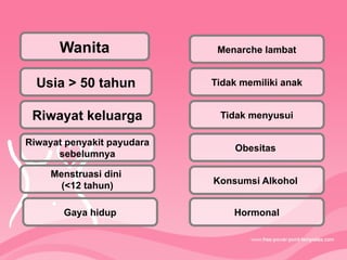 Wanita
Usia > 50 tahun
Riwayat keluarga
Riwayat penyakit payudara
sebelumnya
Menstruasi dini
(<12 tahun)
Menarche lambat
Tidak memiliki anak
Tidak menyusui
Obesitas
Konsumsi Alkohol
Gaya hidup Hormonal
 