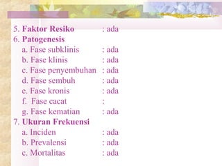 5. Faktor Resiko : ada
6. Patogenesis
a. Fase subklinis : ada
b. Fase klinis : ada
c. Fase penyembuhan : ada
d. Fase sembuh : ada
e. Fase kronis : ada
f. Fase cacat :
g. Fase kematian : ada
7. Ukuran Frekuensi
a. Inciden : ada
b. Prevalensi : ada
c. Mortalitas : ada
 