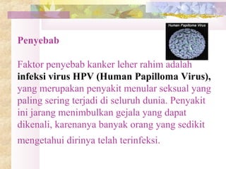 Penyebab
Faktor penyebab kanker leher rahim adalah
infeksi virus HPV (Human Papilloma Virus),
yang merupakan penyakit menular seksual yang
paling sering terjadi di seluruh dunia. Penyakit
ini jarang menimbulkan gejala yang dapat
dikenali, karenanya banyak orang yang sedikit
mengetahui dirinya telah terinfeksi.
 
