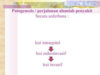 Patogenesis / perjalanan alamiah penyakit
Secara sederhana :
lesi intraepitel
lesi mikroinvasif
lesi invasif
 