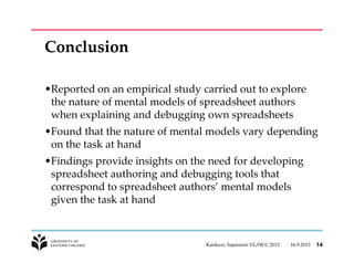 Conclusion
•Reported on an empirical study carried out to explore
the nature of mental models of spreadsheet authors
when explaining and debugging own spreadsheets
•Found that the nature of mental models vary depending
on the task at hand
•Findings provide insights on the need for developing
spreadsheet authoring and debugging tools that
correspond to spreadsheet authors’ mental models
given the task at hand
16.9.2013Kankuzi, Sajaniemi VL/HCC 2013 14
 