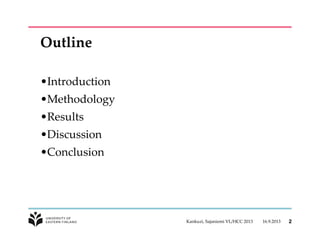 Outline
•Introduction
•Methodology
•Results
•Discussion
•Conclusion
16.9.2013Kankuzi, Sajaniemi VL/HCC 2013 2
 