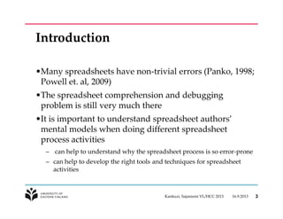 Introduction
•Many spreadsheets have non-trivial errors (Panko, 1998;
Powell et. al, 2009)
•The spreadsheet comprehension and debugging
problem is still very much there
•It is important to understand spreadsheet authors’
mental models when doing different spreadsheet
process activities
– can help to understand why the spreadsheet process is so error-prone
– can help to develop the right tools and techniques for spreadsheet
activities
16.9.2013Kankuzi, Sajaniemi VL/HCC 2013 3
 