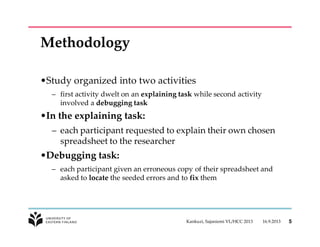 Methodology
•Study organized into two activities
– first activity dwelt on an explaining task while second activity
involved a debugging task
•In the explaining task:
– each participant requested to explain their own chosen
spreadsheet to the researcher
•Debugging task:
– each participant given an erroneous copy of their spreadsheet and
asked to locate the seeded errors and to fix them
16.9.2013Kankuzi, Sajaniemi VL/HCC 2013 5
 