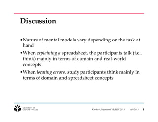 Discussion
•Nature of mental models vary depending on the task at
hand
•When explaining a spreadsheet, the participants talk (i.e.,
think) mainly in terms of domain and real-world
concepts
•When locating errors, study participants think mainly in
terms of domain and spreadsheet concepts
16.9.2013Kankuzi, Sajaniemi VL/HCC 2013 8
 