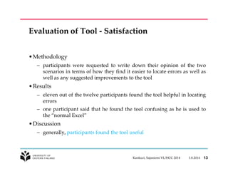 Evaluation of Tool - Satisfaction 
•Methodology 
– participants were requested to write down their opinion of the two 
scenarios in terms of how they find it easier to locate errors as well as 
well as any suggested improvements to the tool 
•Results 
– eleven out of the twelve participants found the tool helpful in locating 
errors 
– one participant said that he found the tool confusing as he is used to 
the “normal Excel” 
•Discussion 
– generally, participants found the tool useful 
Kankuzi, Sajaniemi VL/HCC 2014 1.8.2014 13 
 