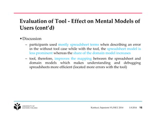 Evaluation of Tool - Effect on Mental Models of 
Users (cont’d) 
•Discussion 
– participants used mostly spreadsheet terms when describing an error 
in the without tool case while with the tool, the spreadsheet model is 
less prominent whereas the share of the domain model increases 
– tool, therefore, improves the mapping between the spreadsheet and 
domain models which makes understanding and debugging 
spreadsheets more efficient (located more errors with the tool) 
Kankuzi, Sajaniemi VL/HCC 2014 1.8.2014 16 
 
