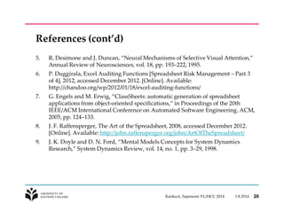 References (cont’d) 
5. R. Desimone and J. Duncan, “Neural Mechanisms of Selective Visual Attention,” 
Annual Review of Neurosciences, vol. 18, pp. 193–222, 1995. 
6. P. Duggirala, Excel Auditing Functions [Spreadsheet Risk Management – Part 3 
of 4], 2012, accessed December 2012. [Online]. Available: 
http://chandoo.org/wp/2012/01/18/excel-auditing-functions/ 
7. G. Engels and M. Erwig, “ClassSheets: automatic generation of spreadsheet 
applications from object-oriented specifications,” in Proceedings of the 20th 
IEEE/ACM International Conference on Automated Software Engineering. ACM, 
2005, pp. 124–133. 
8. J. F. Raffensperger, The Art of the Spreadsheet, 2008, accessed December 2012. 
[Online]. Available: http://john.raffensperger.org/john/ArtOfTheSpreadsheet/ 
9. J. K. Doyle and D. N. Ford, “Mental Models Concepts for System Dynamics 
Research,” System Dynamics Review, vol. 14, no. 1, pp. 3–29, 1998. 
Kankuzi, Sajaniemi VL/HCC 2014 1.8.2014 20 
