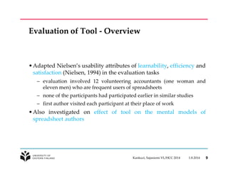 Evaluation of Tool - Overview 
•Adapted Nielsen’s usability attributes of learnability, efficiency and 
satisfaction (Nielsen, 1994) in the evaluation tasks 
– evaluation involved 12 volunteering accountants (one woman and 
eleven men) who are frequent users of spreadsheets 
– none of the participants had participated earlier in similar studies 
– first author visited each participant at their place of work 
•Also investigated on effect of tool on the mental models of 
spreadsheet authors 
Kankuzi, Sajaniemi VL/HCC 2014 1.8.2014 9 
 