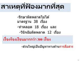 สาเหตุที่ฟ้ องมากที่สุด
-รักษาผิดพลาดไม่ได ้
มาตรฐาน 38 เรื่อง
-ทาคลอด 18 เรื่อง และ
-วินิจฉัยผิดพลาด 12 เรื่อง
16
เรื่องร้องเรียนมากกว่า 300 เรื่อง
-ส่วนใหญ่เป็นปัญหาทางด ้านการสื่อสาร
 