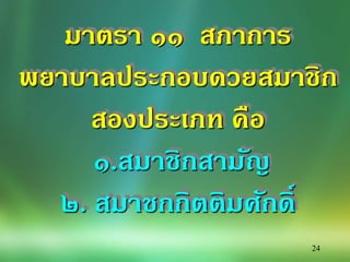 24
มาตรา ๑๑ สภาการ
พยาบาลประกอบดวยสมาชิก
สองประเภท คือ
๑.สมาชิกสามัญ
๒. สมาชกกิตติมศักดิ์
 