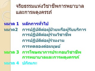 จริยธรรมแห่งวิชาชีพการพยาบาล
และการผดงครรภ์
หม 1 หลั ทั ไ
หม 2 ฏ ั ผู้ ห ื ผู้ ั
ฏ ั ผู้ ม
ฏ ั ผู้ มง
ท ล ง ม ษ ์
หม 3 โฆษ ะ
ลและ ผ ง ภ์
หม 4 ะ
 