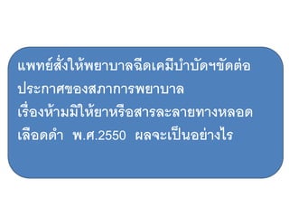 65
แพทย์สั่งให้พยาบาลฉีดเคมีบาบัดฯขัดต่อ
ประกาศของสภาการพยาบาล
เรื่องห้ามมิให้ยาหรือสารละลายทางหลอด
เลือดดา พ.ศ.2550 ผลจะเป็นอย่างไร
 