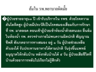 ล้มใน รพ.พยาบาลผิดมั้ย
�ผู้ป่วยชายอายุ๖๓ ปี เข้ารับบริการใน รพช. ด้วยโรคความ
ดันโลหิตสูง ผู้ป่วยมีประวัติเป็นโรคสมองเสื่อมรับการรักษา
ที่ รพ. มาตลอด ตอนเช้าผู้ป่วยเข้าห้องน้าด้วยตนเอง ลื่นล้ม
ในห้องน้า รพ. ตรวจร่างกายไม่พบความผิดปกติ สัญญาณ
ชีพดี สังเกตอาการทางสมอง อยู่ ๑ วัน ผู้ป่วยช่วยเหลือ
ตัวเองได้ รับประทานอาหารได้ตามปกติ วันรุ่งขึ้นแพทย์
อนุญาตให้กลับบ้าน หลังกลับบ้านได้ ๕ วัน ผู้ป่วยเสียชีวิตที่
บ้านด้วยอาการหลับไปเรียกไม่รู้สึกตัว
 