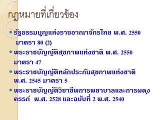 กฎหมายที่เกี่ยวข้อง
รัฐธรรมนูญแห่งราชอาณาจักรไทย พ.ศ. 2550
มาตรา 80 (2)
พระราชบัญญัติสุขภาพแห่งชาติ พ.ศ. 2550
มาตรา 47
พระราชบัญญัติหลักประกันสุขภาพแห่งชาติ
พ.ศ. 2545 มาตรา 5
พระราชบัญญัติวิชาชีพการพยาบาลและการผดุง
ครรภ์ พ.ศ. 2528 และฉบับที่ 2 พ.ศ. 2540
 