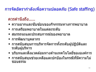 99
การจัดอัตรากาลังเพื่อความปลอดภัย (Safe staffing)
ควรคานึงถึง.....
 ความยากและซับซ ้อนของกิจกรรมทางการพยาบาล
 การเตรียมพยาบาลในแต่ละระดับ
 สมรรถนะและประสบการณ์ของพยาบาล
 การพัฒนาบคลากร
 การสนับสนนการบริหารจัดการทั้งระดับผ ้ปฏิบัติและ
ระดับผ ้บริหาร
 บริบทและสิ่งแวดล ้อมทางด ้านเทคโนโลยี่ขององค์การ
 การสนับสนนช่วยเหลือและปกป้องในกรณีที่มีความไม่
ชอบธรรม
 