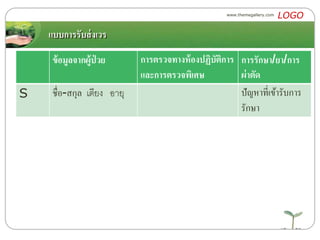 แบบการรับส่งเวร
ข้อมูลจากผู้ป่ วย การตรวจทางห้องปฏิบัติการ
และการตรวจพิเศษ
การรักษา/ยา/การ
ผ่าตัด
S ชื่อ-สกุล เตียง อำยุ ปัญหาที่เข้ารับการ
รักษา
www.themegallery.com
LOGO
 