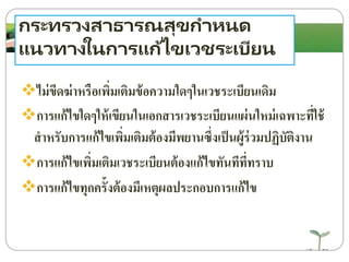 กระทรวงสาธารณสุขกาหนด
แนวทางในการแก้ไขเวชระเบียน
ไม่ขีดฆ่าหรือเพิ่มเติมข้อความใดๆในเวชระเบียนเดิม
การแก้ไขใดๆให้เขียนในเอกสารเวชระเบียนแผ่นใหม่เฉพาะที่ใช้
สาหรับการแก้ไขเพิ่มเติมต้องมีพยานซึ่งเป็นผู้ร่วมปฏิบัติงาน
การแก้ไขเพิ่มเติมเวชระเบียนต้องแก้ไขทันทีที่ทราบ
การแก้ไขทุกครั้งต้องมีเหตุผลประกอบการแก้ไข
 