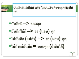บันทึกดีหรือไม่ดี หรือ ไม่บันทึก ก็อาจถูกฟ้ องได้
แต่
บันทึกดี –> รอดคุก
บันทึกไม่ดี –> รอ (นอน) คุก
ไม่บันทึก (แม้ทา) –> รอ (นอน) คุก
ไม่ทาแต่บันทึก = นอนคุก (ถ้าจับได้)
 