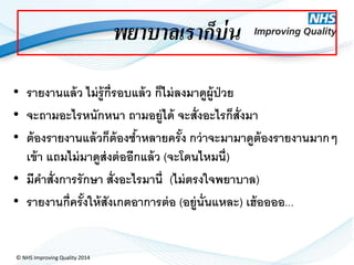 © NHS Improving Quality 2014
พยาบาลเราก็บ่น
• รายงานแล้ว ไม่รู้กี่รอบแล้ว ก็ไม่ลงมาดูผู้ป่วย
• จะถามอะไรหนักหนา ถามอยู่ได้ จะสั่งอะไรก็สั่งมา
• ต้องรายงานแล้วก็ต้องซ้าหลายครั้ง กว่าจะมามาดูต้องรายงานมากๆ
เข้า แถมไม่มาดูส่งต่ออีกแล้ว (จะโดนไหมนี่)
• มีคาสั่งการรักษา สั่งอะไรมานี่ (ไม่ตรงใจพยาบาล)
• รายงานกี่ครั้งให้สังเกตอาการต่อ (อยู่นั่นแหละ) เฮ้ออออ...
 