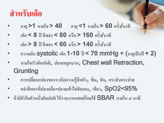 สาหรับเด็ก
• อายุ >1 หายใจ > 40 อายุ <1 หายใจ > 60 ครั้ง/นาที
• เด็ก < 8 ปี ชีพจร < 80 หรือ > 160 ครั้ง/นาที
• เด็ก > 8 ปี ชีพจร < 60 หรือ > 140 ครั้ง/นาที
• ความดัน systolic เด็ก 1-10 ปี < 70 mmHg + (อายุเป็นปี + 2)
• หายใจเร็วผิดปกติ, ปลายจมูกบาน, Chest wall Retraction,
Grunting
• การเปลี่ยนแปลงของระดับความรู้สึกตัว, ซึม, ชัก, กระสับกระส่าย
• คลาชีพจรที่ปลายมือ-ปลายเท้าไม่ชัดเจน, เขียว, SpO2<95%
• ถ้ามีตัวใดตัวหนึ่งผิดปกติ ให้รายงานแพทย์โดยใช้ SBAR ภายใน ๕ นาที
 
