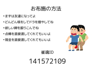 お布施の方法
●
まずは友達になってよ
●
どんどん槓をしてドラを増やしてね
●
欲しい牌を振りこんでね
●
点棒を直接渡してくれてもいいよ
●
現金を直接渡してくれてもいいよ
雀魂ID
141572109
 
