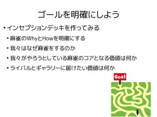 ゴールを明確にしよう
●
インセプションデッキを作ってみる
●
麻雀のWhyとHowを明確にする
●
我々はなぜ麻雀をするのか
●
我々がやろうとしている麻雀のコアとなる価値は何か
●
ライバルとギャラリーに届けたい価値は何か
 