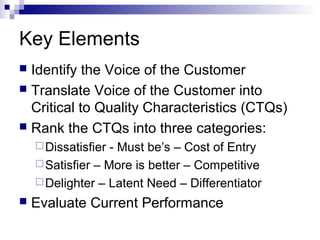 Key Elements
 Identify the Voice of the Customer
 Translate Voice of the Customer into
  Critical to Quality Characteristics (CTQs)
 Rank the CTQs into three categories:
     Dissatisfier - Must be’s – Cost of Entry
     Satisfier – More is better – Competitive
     Delighter – Latent Need – Differentiator
   Evaluate Current Performance
 