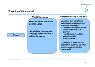- 3 -
Confidential not to be used without consent
What does Value mean?
Value
•The customer normally
defines value
•What does the process
‘change’ that someone is
willing to pay for
What this means What this means in the NHS
•Anything that transforms
patient care and experience,
otherwise it is waste:
• meets expectations all the
‘value’ elements of a
journey
• would recommend the
experience to a
friend/relative
• Customer is normally the
patient/GP, but may be other
stakeholders (who is the
customer?)
 