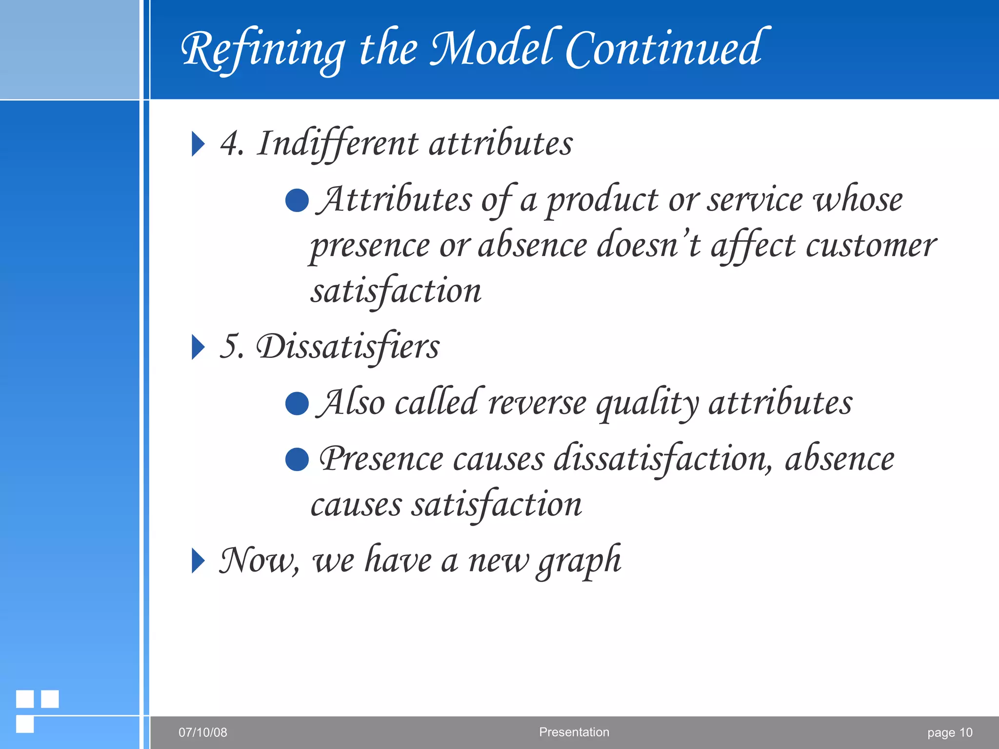 Refining the Model Continued 4. Indifferent attributes Attributes of a product or service whose presence or absence doesn’t affect customer satisfaction 5. Dissatisfiers Also called reverse quality attributes Presence causes dissatisfaction, absence causes satisfaction Now, we have a new graph 