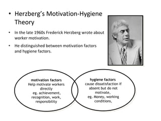 Herzberg’s Motivation-Hygiene Theory In the late 1960s Frederick Herzberg wrote about worker motivation. He distinguished between  motivation factors and hygiene factors. motivation factors Help motivate workers directly eg. achievement, recognition, work, responsibility hygiene factors   cause dissatisfaction if absent but do not motivate,  eg. Money, working conditions, 