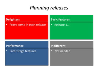 Planning releases Delighters Prove some in each release Basic features Release 1… Performance Indifferent Later stage features Not needed 