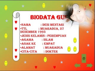 Biodata Gue
•Nama        : Desi Mentari
•TTL       : Muaradua, 27
Desember 1993
•Jenis Kelamin : Perempuan
•Agama        : Islam
•Anak ke       : Empat
•Alamat         : Muaradua
•Cita-Cita       : Dokter
 