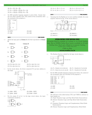 GATE Electronics and Communication Topicwise Solved Paper by RK Kanodia & Ashish Murolia Page 103 
SPECIAL EDITION ( STUDY MATERIAL FORM ) 
At market Book is available in 3 volume i.e. in 3 book binding 
form. But at NODIA Online Store book is available in 10 book 
binding form. Each unit of Book is in separate binding. 
Available Only at NODIA Online Store 
Click to Buy 
www.nodia.co.in 
(B) DA QA, DB QB = = 
(C) DA = (QAQB + QAQB), DB = QA 
(D) DA (QAQB QAQB), DB QB = + = 
5.15 An 8085 assembly language program is given below. Assume that 
the carry flag is initially unset. The content of the accumulator after 
the execution of the program is 
(A) 8CH (B) 64H 
(C) 23H (D) 15H 
2010 ONE MARK 
5.16 Match the logic gates in Column A with their equivalents in Column 
B 
(A) P-2, Q-4, R-1, S-3 (B) P-4, Q-2, R-1, S-3 
(C) P-2, Q-4, R-3, S-1 (D) P-4, Q-2, R-3, S-1 
5.17 In the circuit shown, the device connected Y5 can have address in 
the range 
(A) 2000 - 20FF (B) 2D00 - 2DFF 
(C) 2E00 - 2EFF (D) FD00 - FDFF 
5.18 For the output F to be 1 in the logic circuit shown, the input 
combination should be 
(A) A = 1, B = 1, C = 0 (B) A = 1, B = 0, C = 0 
(C) A = 0, B = 1, C = 0 (D) A = 0, B = 0, C = 1 
2010 TWO MARKS 
5.19 Assuming that the flip-flop are in reset condition initially, the count 
sequence observed at QA, in the circuit shown is 
(A) 0010111... (B) 0001011... 
(C) 0101111... (D) 0110100.... 
5.20 The Boolean function realized by the logic circuit shown is 
(A) F = Sm(0, 1, 3, 5, 9, 10, 14) (B) F = Sm(2, 3, 5, 7, 8, 12, 13) 
(C) F = Sm(1, 2, 4, 5, 11, 14, 15) (D) F = Sm(2, 3, 5, 7, 8, 9, 12) 
5.21 For the 8085 assembly language program given below, the content of 
the accumulator after the execution of the program is 
(A) 00H (B) 45H 
(C) 67H (D) E7H 
2009 ONE MARK 
5.22 The full form of the abbreviations TTL and CMOS in reference to 
logic families are 
(A) Triple Transistor Logic and Chip Metal Oxide Semiconductor 
(B) Tristate Transistor Logic and Chip Metal Oxide Semiconduc-tor 
(C) Transistor Transistor Logic and Complementary Metal Oxide 
Semiconductor 
(D) Tristate Transistor Logic and Complementary Metal Oxide 
 