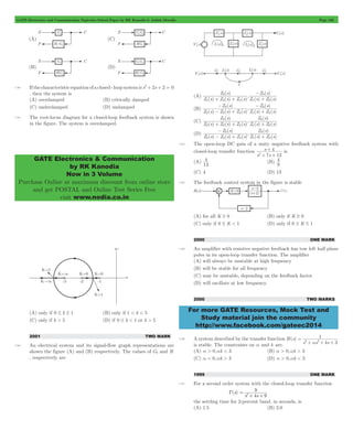 GATE Electronics and Communication Topicwise Solved Paper by RK Kanodia & Ashish Murolia Page 166 
GATE Electronics & Communication 
by RK Kanodia 
Now in 3 Volume 
Purchase Online at maximum discount from online store 
and get POSTAL and Online Test Series Free 
visit www.nodia.co.in 
Z s 
( ) 
Z s 
( ) 
3 
3 
- 
+ + + 
Z s 
( ) 
Z s 
( ) 
3 
3 
- 
Z s 
( ) 
Z s 
( ) 
3 
3 
+ + + 
Z s 
( ) 
Z s 
( ) 
3 
3 
- 
+ is 
s 
7 13 
4 (B) 
4 
For more GATE Resources, Mock Test and 
Study material join the community 
http://www.facebook.com/gateec2014 
7.90 If the characteristic equation of a closed - loop system is s2+ 2s + 2 = 0 
, then the system is 
(A) overdamped (B) critically damped 
(C) underdamped (D) undamped 
7.91 The root-locus diagram for a closed-loop feedback system is shown 
in the figure. The system is overdamped. 
(A) only if 0 # k # 1 (B) only if 1 < k < 5 
(C) only if k > 5 (D) if 0 # k < 1 or k > 5 
2001 TWO MARK 
7.92 An electrical system and its signal-flow graph representations are 
shown the figure (A) and (B) respectively. The values of G2 and H 
, respectively are 
(A) 
( ) ( ) ( ) 
, 
( ) ( ) 
Z s Z s Z s 
Z s Z s 
1 3 4 
1 3 
(B) 
( ) ( ) ( ) 
, 
( ) ( ) 
Z s Z s Z s 
Z s Z s 
2 3 4 
1 3 
- + 
+ 
- 
(C) 
( ) ( ) ( ) 
, 
( ) ( ) 
Z s Z s Z s 
Z s Z s 
2 3 4 
1 3 
(D) 
( ) ( ) ( ) 
, 
( ) ( ) 
Z s Z s Z s 
Z s Z s 
2 3 4 
1 3 
- + 
+ 
7.93 The open-loop DC gain of a unity negative feedback system with 
closed-loop transfer function 
s s 
4 
2+ + 
(A) 
13 
9 
(C) 4 (D) 13 
7.94 The feedback control system in the figure is stable 
(A) for all K $ 0 (B) only if K $ 0 
(C) only if 0 # K < 1 (D) only if 0 # K # 1 
2000 ONE MARK 
7.95 An amplifier with resistive negative feedback has tow left half plane 
poles in its open-loop transfer function. The amplifier 
(A) will always be unstable at high frequency 
(B) will be stable for all frequency 
(C) may be unstable, depending on the feedback factor 
(D) will oscillate at low frequency. 
2000 TWO MARKS 
7.96 A system described by the transfer function H(s) 
1 
3 a 2 
s s ks 3 
= 
+ + + 
is stable. The constraints on a and k are. 
(A) a > 0,ak < 3 (B) a > 0,ak > 3 
(C) a < 0,ak > 3 (D) a > 0,ak < 3 
1999 ONE MARK 
7.97 For a second order system with the closed-loop transfer function 
T(s) 
9 
2 = 
+ + 
s s4 9 
the settling time for 2-percent band, in seconds, is 
(A) 1.5 (B) 2.0 
 