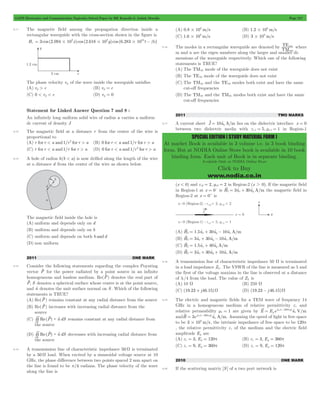 GATE Electronics and Communication Topicwise Solved Paper by RK Kanodia & Ashish Murolia Page 217 
SPECIAL EDITION ( STUDY MATERIAL FORM ) 
TE 
mn where 
At market Book is available in 3 volume i.e. in 3 book binding 
form. But at NODIA Online Store book is available in 10 book 
binding form. Each unit of Book is in separate binding. 
Available Only at NODIA Online Store 
Click to Buy 
www.nodia.co.in 
9.11 The magnetic field among the propagation direction inside a 
rectangular waveguide with the cross-section shown in the figure is 
Hz 3 cos (2.094 102x)cos (2.618 102y)cos (6.283 1010t z) = # # # - b 
The phase velocity vp of the wave inside the waveguide satisfies 
(A) vp > c (B) vp = c 
(C) 0 < vp < c (D) vp = 0 
Statement for Linked Answer Question 7 and 8 : 
An infinitely long uniform solid wire of radius a carries a uniform 
dc current of density J 
9.12 The magnetic field at a distance r from the center of the wire is 
proportional to 
(A) r for r < a and 1/r2 for r > a (B) 0 for r < a and 1/r for r > a 
(C) r for r < a and 1/r for r > a (D) 0 for r < a and 1/r2 for r > a 
9.13 A hole of radius b(b < a) is now drilled along the length of the wire 
at a distance d from the center of the wire as shown below. 
The magnetic field inside the hole is 
(A) uniform and depends only on d 
(B) uniform and depends only on b 
(C) uniform and depends on both b and d 
(D) non uniform 
2011 ONE MARK 
9.14 Consider the following statements regarding the complex Poynting 
vector Pv for the power radiated by a point source in an infinite 
homogeneous and lossless medium. Re(Pv) denotes the real part of 
Pv, S denotes a spherical surface whose centre is at the point source, 
and nt denotes the unit surface normal on S . Which of the following 
statements is TRUE? 
(A) Re(Pv) remains constant at any radial distance from the source 
(B) Re(Pv) increases with increasing radial distance from the 
source 
## v : t remains constant at any radial distance from 
the source 
(C) Re(P) n dS 
s 
## v : t decreases with increasing radial distance from 
the source 
(D) Re(P) n dS 
s 
9.15 A transmission line of characteristic impedance 50 W is terminated 
by a 50 W load. When excited by a sinusoidal voltage source at 10 
GHz, the phase difference between two points spaced 2 mm apart on 
the line is found to be p/4 radians. The phase velocity of the wave 
along the line is 
(A) 0.8 108 m/s # (B) 1.2 108 m/s # 
(C) 1.6 108 m/s # (D) 3 108 m/s # 
9.16 The modes in a rectangular waveguide are denoted by TM 
mn 
m and n are the eigen numbers along the larger and smaller di-mensions 
of the waveguide respectively. Which one of the following 
statements is TRUE? 
(A) The TM10 mode of the waveguide does not exist 
(B) The TE10 mode of the waveguide does not exist 
(C) The TM10 and the TE10 modes both exist and have the same 
cut-off frequencies 
(D) The TM10 and the TM01 modes both exist and have the same 
cut-off frequencies 
2011 TWO MARKS 
9.17 A current sheet Jv= 10uty A/m lies on the dielectric interface x = 0 
between two dielectric media with er 1 = 5, mr 1 = 1 in Region-1 
(x < 0) and er2 = 2, mr2 = 2 in Region-2 (x 2 0). If the magnetic field 
in Region-1 at x = 0- is Hv1 = 3utx + 30uty A/m the magnetic field in 
Region-2 at x = 0+ is 
(A) Hv2 = 1.5utx + 30uty - 10utz A/m 
(B) Hv2 = 3utx + 30uty - 10utz A/m 
(C) Hv2 = 1.5utx + 40uty A/m 
(D) Hv2 = 3utx + 30uty + 10utz A/m 
9.18 A transmission line of characteristic impedance 50 W is terminated 
in a load impedance ZL. The VSWR of the line is measured as 5 and 
the first of the voltage maxima in the line is observed at a distance 
of l/4 from the load. The value of ZL is 
(A) 10 W (B) 250 W 
(C) (19.23 + j46.15)W (D) (19.23 - j 46.15)W 
9.19 The electric and magnetic fields for a TEM wave of frequency 14 
GHz in a homogeneous medium of relative permittivity er and 
relative permeability mr = 1 are given by E v = E e j ( w t - 280 p y 
)u t 
p 
z V/m 
= x v w - p t . Assuming the speed of light in free space 
andH 3ej( t 280 y)u A/m 
to be 3 108 m/s # , the intrinsic impedance of free space to be 120p 
, the relative permittivity er of the medium and the electric field 
amplitude Ep are 
(A) er = 3, Ep = 120p (B) er = 3, Ep = 360p 
(C) er = 9, Ep = 360p (D) er = 9, Ep = 120p 
2010 ONE MARK 
9.20 If the scattering matrix [S ] of a two port network is 
 