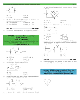 GATE Electronics and Communication Topicwise Solved Paper by RK Kanodia & Ashish Murolia Page 22 
GATE Electronics & Communication 
by RK Kanodia 
Now in 3 Volume 
Purchase Online at maximum discount from online store 
and get POSTAL and Online Test Series Free 
visit www.nodia.co.in 
10 
1 
- 
1 
0 05 
10 
1 
1 
For more GATE Resources, Mock Test and 
Study material join the community 
http://www.facebook.com/gateec2014 
(A) 1 W (B) 10 W 
(C) 0.25 W (D) 0.5 W 
2.60 The first and the last critical frequency of an RC -driving point 
impedance function must respectively be 
(A) a zero and a pole (B) a zero and a zero 
(C) a pole and a pole (D) a pole and a zero 
GATE 2005 TWO MARKS 
2.61 For the circuit shown in the figure, the instantaneous current i1(t) is 
10 3 c A (B) 
(A) 90 
2 
10 3 -90c A 
2 
(C) 5 60c A (D) 5 -60c A 
2.62 Impedance Z as shown in the given figure is 
(A) j29 W (B) j9 W 
(C) j19 W (D) j39 W 
2.63 For the circuit shown in the figure, Thevenin’s voltage and Thevenin’s 
equivalent resistance at terminals a - b is 
(A) 5 V and 2W (B) 7.5 V and 2.5W 
(C) 4 V and 2W (D) 3 V and 2.5W 
2.64 If R1 = R2 = R4 = R and R3 = 1.1R in the bridge circuit shown in 
the figure, then the reading in the ideal voltmeter connected between 
a and b is 
(A) 0.238 V (B) 0.138 V 
(C) -0.238 V (D) 1 V 
2.65 The h parameters of the circuit shown in the figure are 
(A) 
. 
. 
. 
. 
0 1 
0 1 
0 1 
=- 0 3G (B) . 
= G 
(C) 
30 
20 
20 
= 20G (D) . 
=- 0 05G 
2.66 A square pulse of 3 volts amplitude is applied to C - R circuit 
shown in the figure. The capacitor is initially uncharged. The output 
voltage V2 at time t = 2 sec is 
(A) 3 V (B) -3 V 
(C) 4 V (D) -4 V 
GATE 2004 ONE MARK 
2.67 Consider the network graph shown in the figure. Which one of the 
following is NOT a ‘tree’ of this graph ? 
 