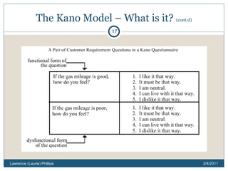 The Kano Model – What is it?  (cont.d) 2/4/2011 Lawrence (Laurie) Phillips 