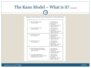 The Kano Model – What is it?  (cont.d) 2/4/2011 Lawrence (Laurie) Phillips 