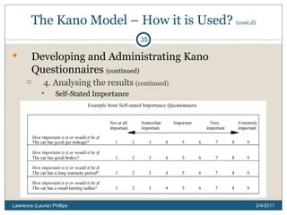 The Kano Model – How it is Used?  (cont.d) Developing and Administrating Kano Questionnaires  (continued) 4. Analysing the results  (continued) Self-Stated Importance 2/4/2011 Lawrence (Laurie) Phillips 